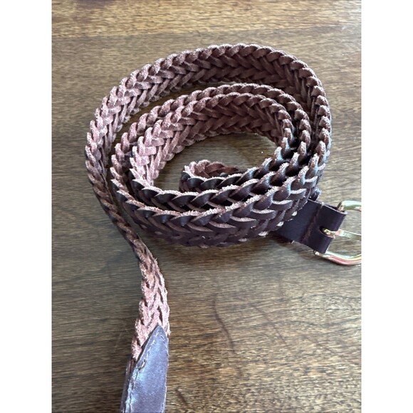 Mens Size 48 Brown Leather Woven Braided Brass Buckle Belt Adjustable Big Man - Picture 3 of 3